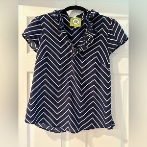 Elizabeth McKay navy blue chevron ruffle blouse